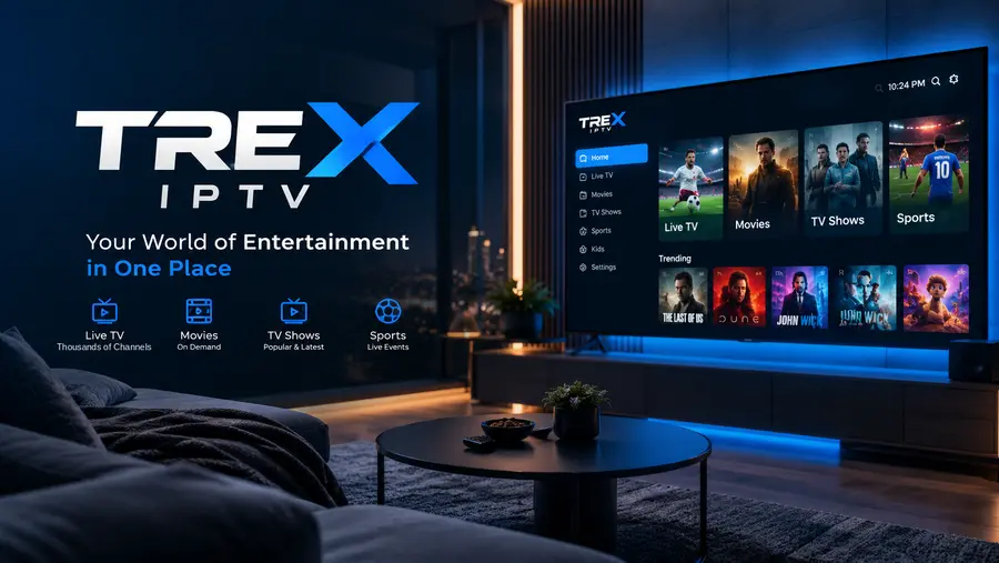 Trex IPTV on a television in a dark living room, showing the Live TV, Movies, TV Shows and Sports sections with rows of posters